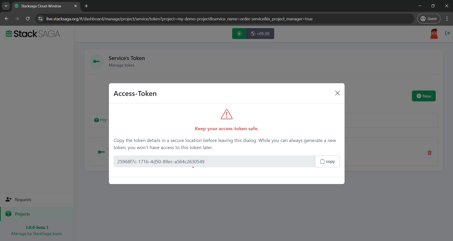 stacksaga trace window copy created service token