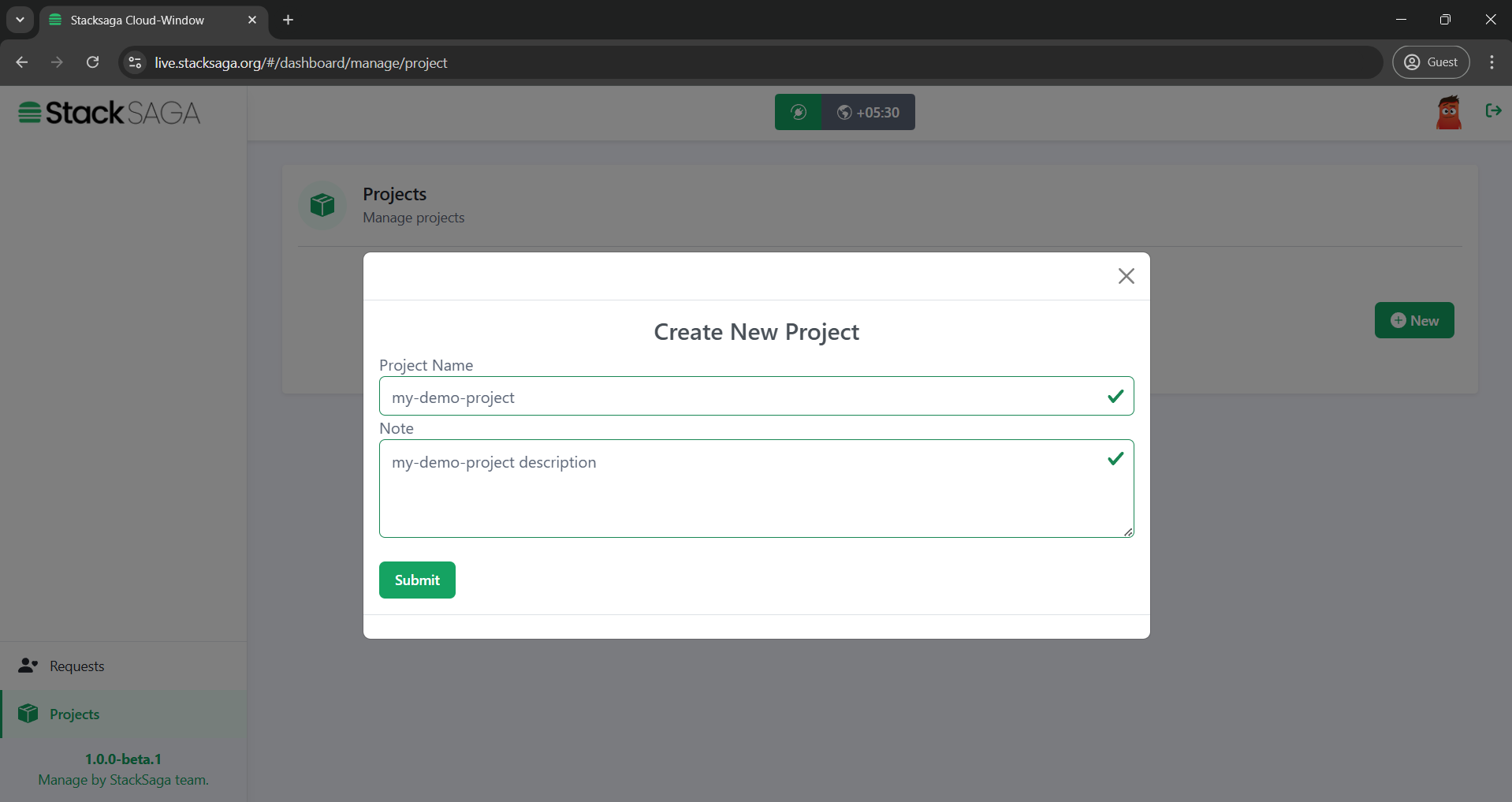 stacksaga trace window create new project